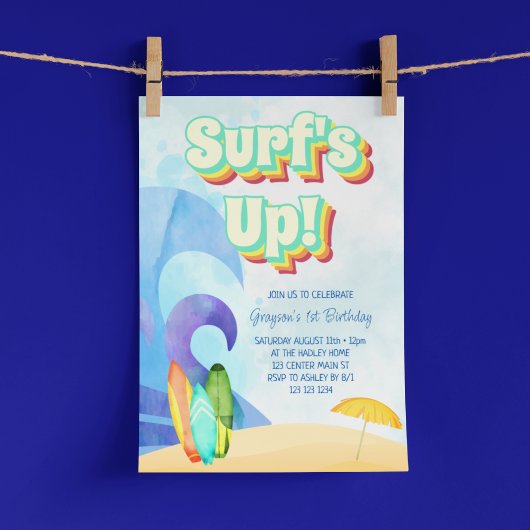 Surfs Up Retro Strand Eerste Verjaardag Kaart