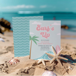Surfs Up Roze Strand Verjaardagsuitnodiging Kaart