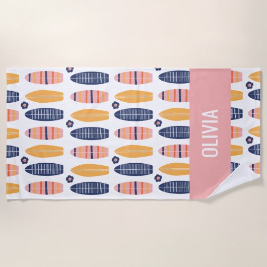 Surfs Up Roze Surfboards en bloemen Strandlaken (Voorkant)