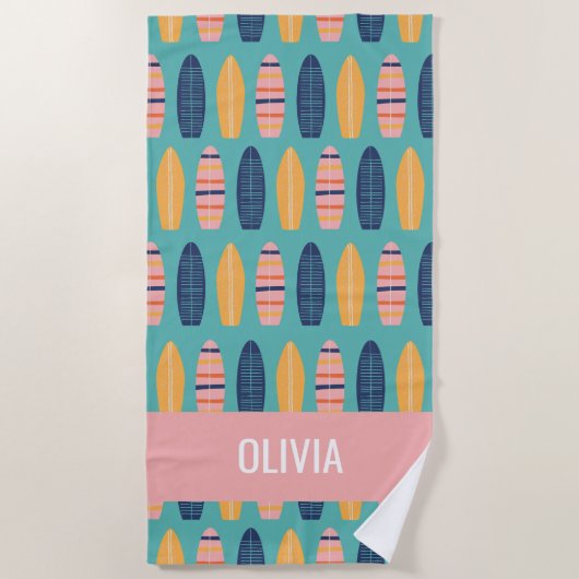 Surfs Up Roze Surfboards en bloemen Strandlaken (Voorkant)