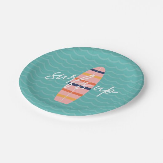 Surfs Up Roze surfplank en golven Verjaardagsfeest Papieren Bordje (Gekanteld)
