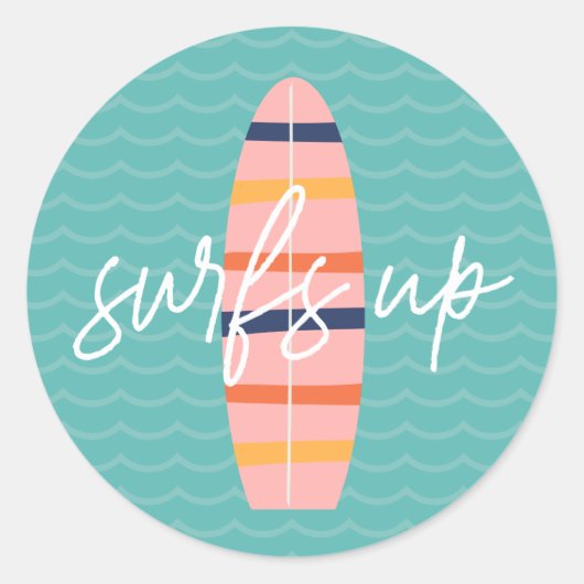 Surfs Up Roze surfplank en golven Verjaardagsfeest Ronde Sticker (Voorkant)