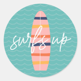 Surfs Up Roze surfplank en golven Verjaardagsfeest Ronde Sticker