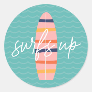 Surfs Up Roze surfplank en golven Verjaardagsfeest Ronde Sticker