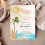 Surf's Up Summer Beach Verjaardagsfeestje Kaart<br><div class="desc">Schattigee en lichte uitnodiging voor kinderverjaardagsfeestjes met waterverf zon,  strand en surfplankontwerp.</div>