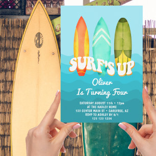 Surfs Up Surfboard Boy 4de verjaardag Kaart