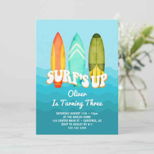 Surfs Up Surfboard Jongen 3e Verjaardag Kaart (Staand voorkant)