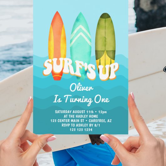 Surfs Up Surfboard Kids 1e Verjaardag Kaart