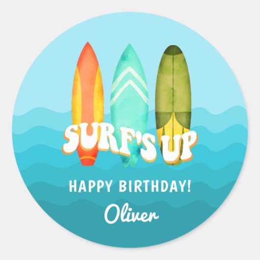 Surfs Up Surfboard Kids Verjaardagssticker Ronde Sticker (Voorkant)