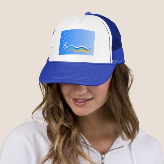 Surf's Up Surfing Silhouette Blue Hat Trucker Pet (In situ)