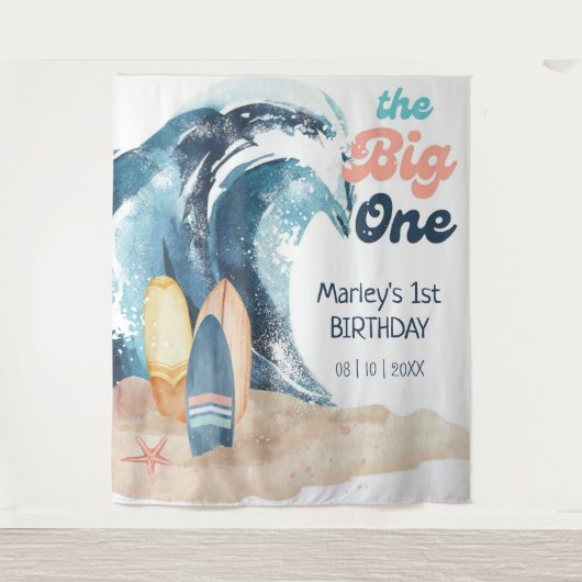 Surf's Up | The Big One Beach Baby 1e Verjaardag Wandkleed (Voorkant)