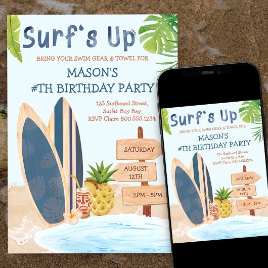 Surfs Up Verjaardagsfeest Jongens Surfboard uitnod Kaart