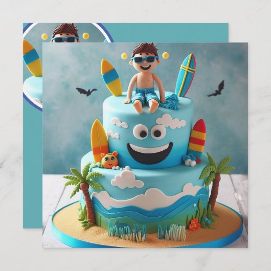 SURFT OMHOOG! SURFER KIND OP EEN TAART VERJAARDAG KAART (Voorkant / Achterkant)