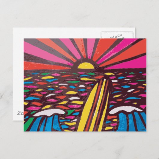 Surft op Folk Art Seascape Surfer Abstract Briefkaart (Voorkant / Achterkant)