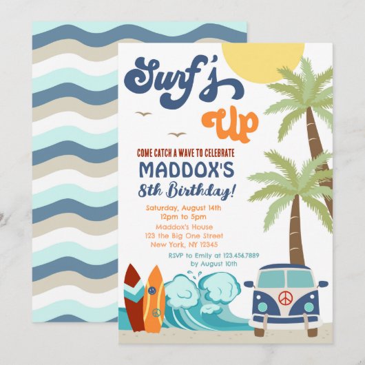 Surft op Surf Beach Surf Up Birthday Uitnodiging (Voorkant / Achterkant)