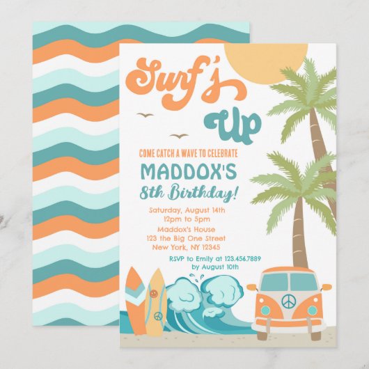 Surft op Surf Beach Surf Up Birthday Uitnodiging (Voorkant / Achterkant)