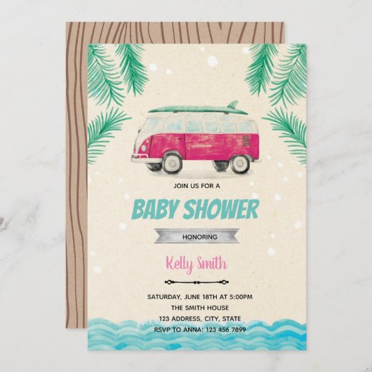 Surft op verjaardagsfeestuitnodiging kaart (Voorkant / Achterkant)