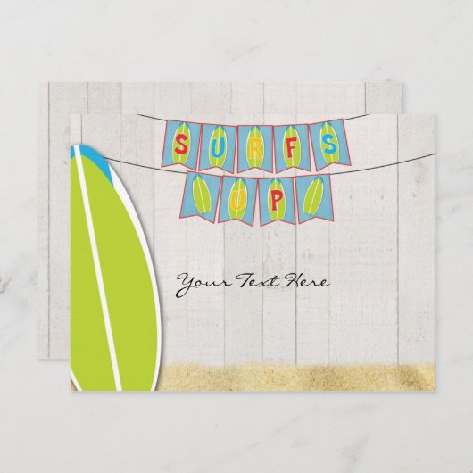 Surft Up Banner & Board White Wood Beach Party Uitnodiging Briefkaart (Voorkant / Achterkant)