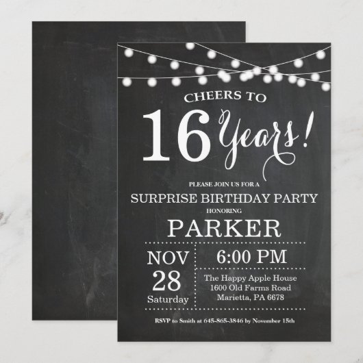 Surprise16th Birthday Invitation Chalkboard Kaart (Voorkant / Achterkant)