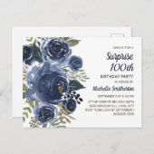 Surprise 100 Birthday Navy Blue Waterverf Floral Briefkaart (Voorkant / Achterkant)