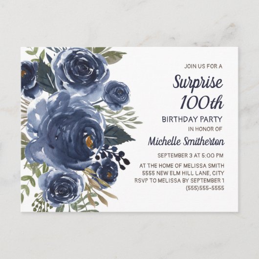 Surprise 100 Birthday Navy Blue Waterverf Floral Briefkaart (Voorkant)