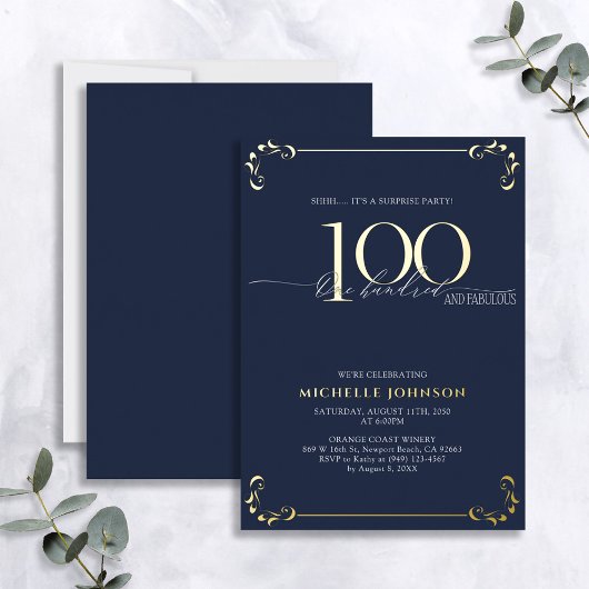 Surprise 100 & Fabulous Blue & Gold Birthday Folie Uitnodiging