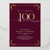 Surprise 100 & Fabulous Burgundy & Gold Birthday Folie Uitnodiging (Voorkant)