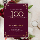 Surprise 100 & Fabulous Burgundy & Gold Birthday Folie Uitnodiging