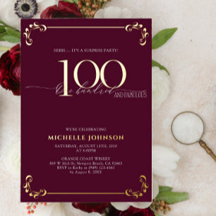 Surprise 100 & Fabulous Burgundy & Gold Birthday Folie Uitnodiging