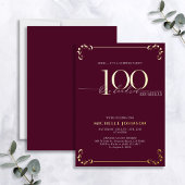 Surprise 100 & Fabulous Burgundy & Gold Birthday Folie Uitnodiging