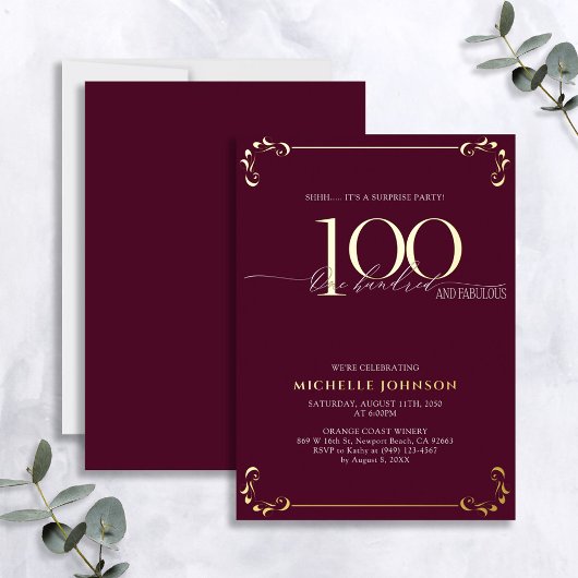 Surprise 100 & Fabulous Burgundy & Gold Birthday Folie Uitnodiging