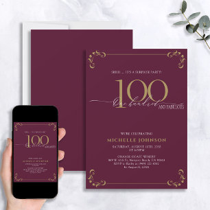 Surprise 100 & Fabulous Burgundy & Gold Birthday Kaart