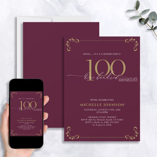 Surprise 100 & Fabulous Burgundy & Gold Birthday Kaart