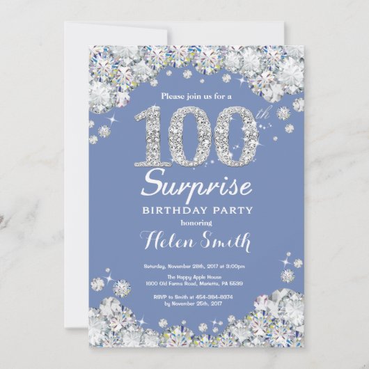 Surprise 100th Birthday Blue Silver Diamond Kaart (Voorkant)
