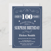 Surprise 100th Birthday Invitation Blue en Whit Kaart (Voorkant)