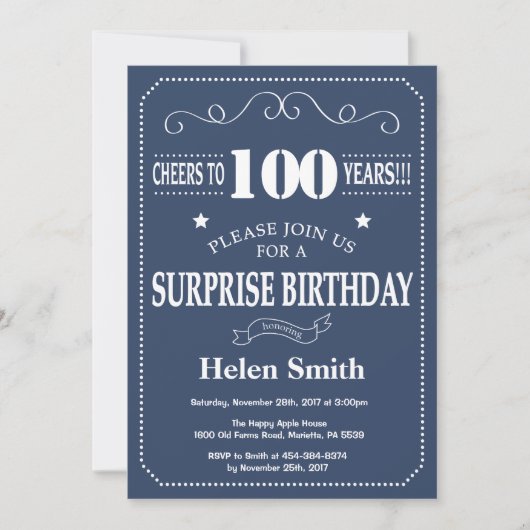Surprise 100th Birthday Invitation Blue en Whit Kaart (Voorkant)