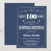 Surprise 100th Birthday Invitation Blue en Whit Kaart (Voorkant / Achterkant)