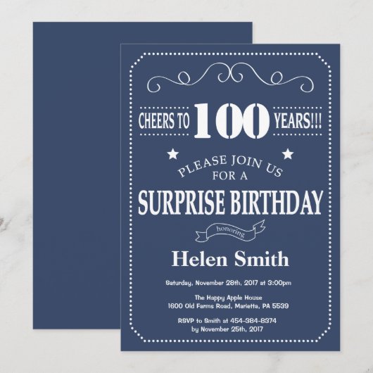 Surprise 100th Birthday Invitation Blue en Whit Kaart (Voorkant / Achterkant)