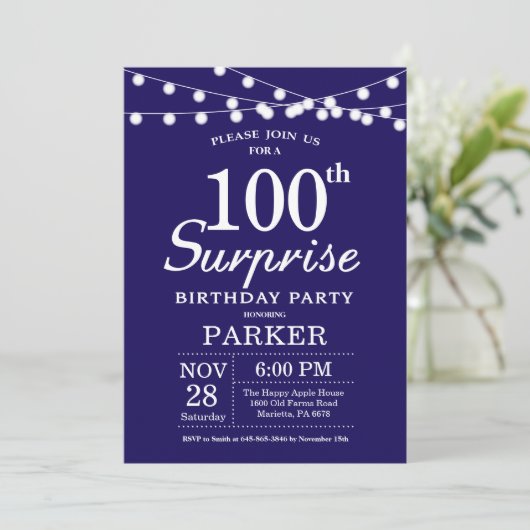 Surprise 100th Birthday Invitation Blue Kaart (Staand voorkant)