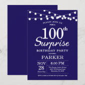 Surprise 100th Birthday Invitation Blue Kaart (Voorkant / Achterkant)