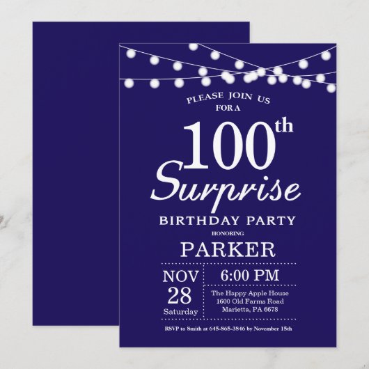 Surprise 100th Birthday Invitation Blue Kaart (Voorkant / Achterkant)
