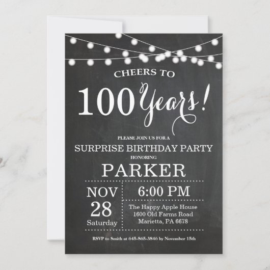 Surprise 100th Birthday Invitation Chalkboard Kaart (Voorkant)