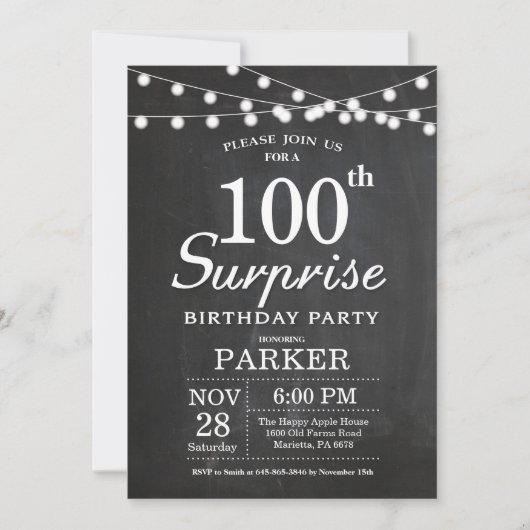 Surprise 100th Birthday Invitation Chalkboard Kaart (Voorkant)