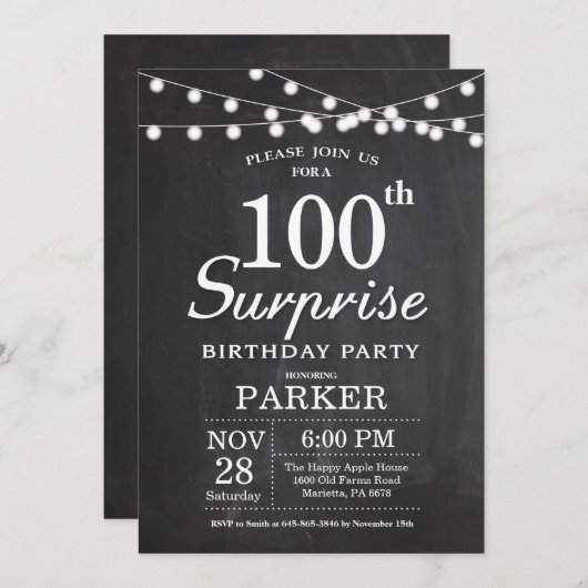 Surprise 100th Birthday Invitation Chalkboard Kaart (Voorkant / Achterkant)