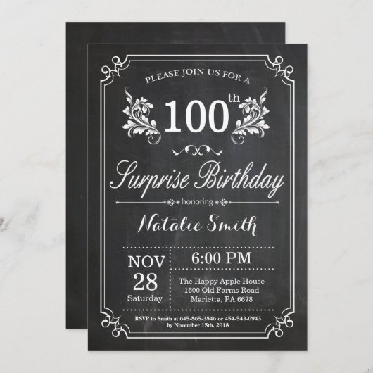 Surprise 100th Birthday Invitation Chalkboard Kaart (Voorkant / Achterkant)