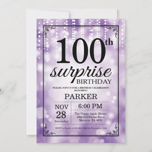Surprise 100th Birthday Invitation Paars Glitter Kaart (Voorkant)