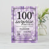 Surprise 100th Birthday Invitation Paars Glitter Kaart (Staand voorkant)
