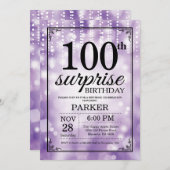 Surprise 100th Birthday Invitation Paars Glitter Kaart (Voorkant / Achterkant)
