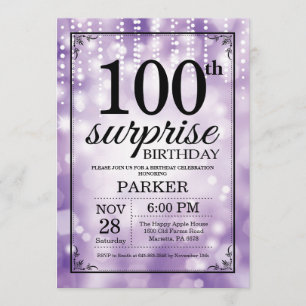 Surprise 100th Birthday Invitation Paars Glitter Kaart