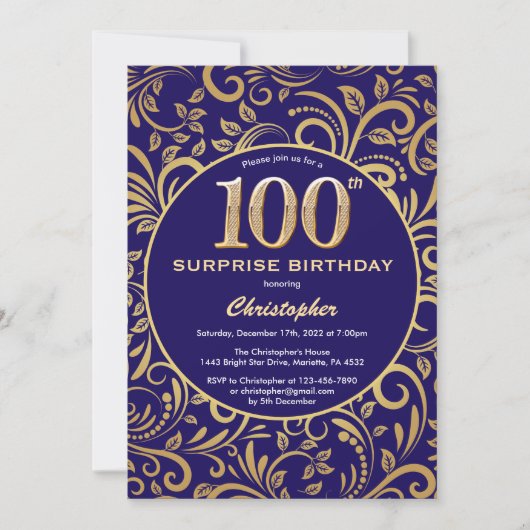 Surprise 100th Birthday Navy Blue en Gold Floral Kaart (Voorkant)